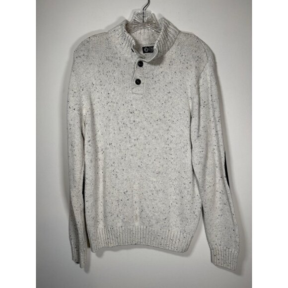 CHAPS Cream Heathered Mock Neck Elbow Patch Sweater Fisherman Academic Small - Picture 1 of 6